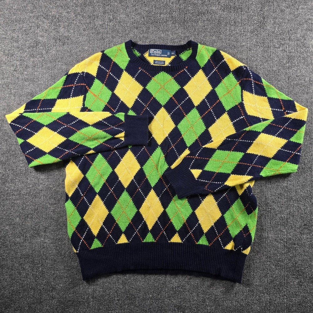 Polo Ralph Lauren Argyle Sweater Mens XL Cotton Cashmere Navy Green Yellow Knit